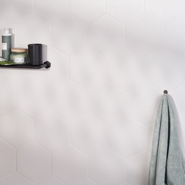 White Hexagonal Matte Porcelain Floor and Wall Tile, 8-in x 9-in