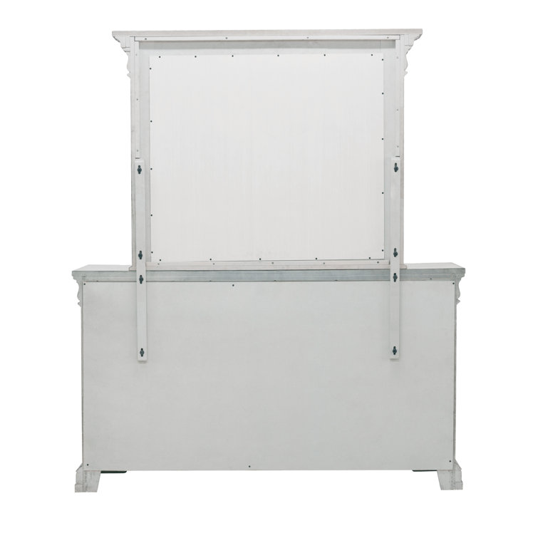 Gray Oak 10-Drawer Dresser with Mirror and Antique Silver Pulls