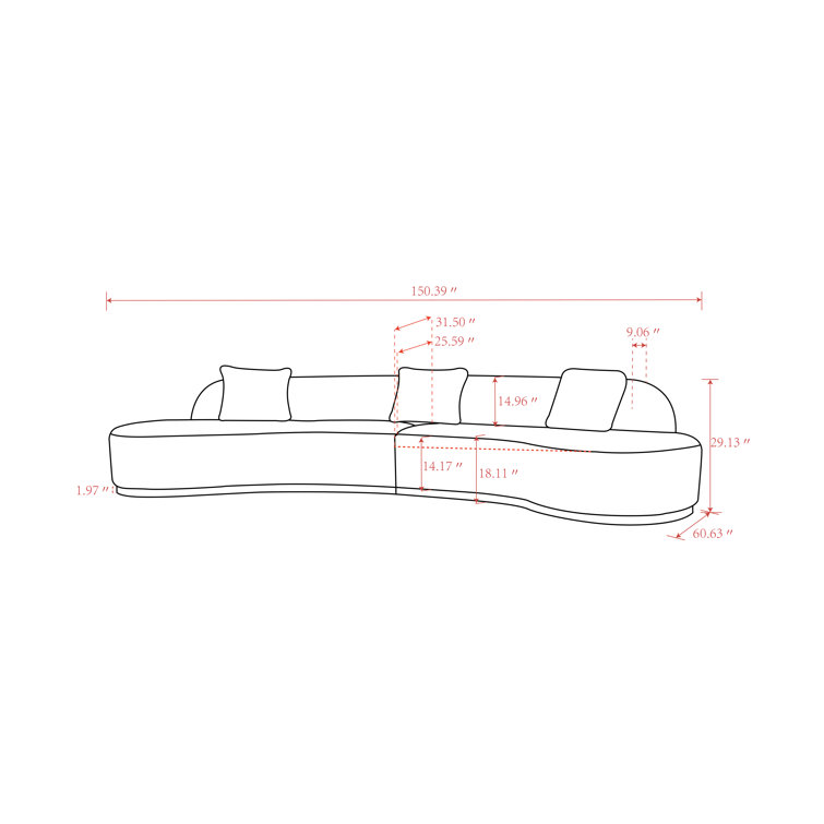 Simona Modern Curved 150'' Grey Fabric Sofa with Track Arms