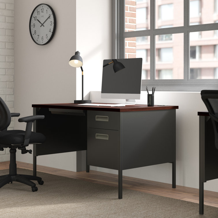 Mahogany Charcoal Steel Desk with Drawer and Filing Cabinet