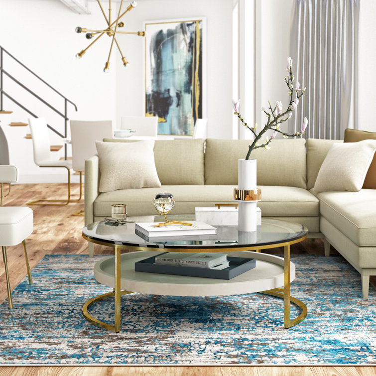 Large Round Gold Foil Iron Cocktail Table with Glass Top