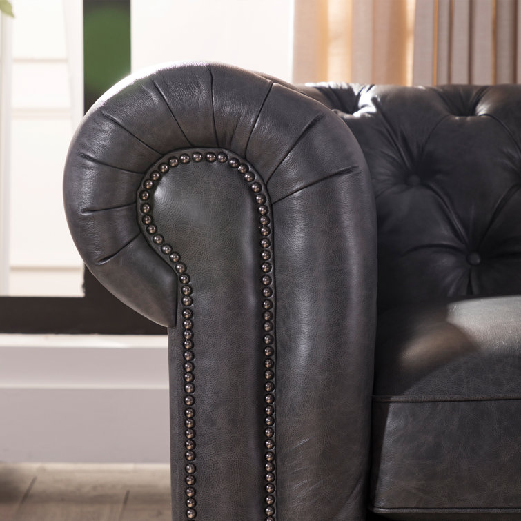 Espresso Finish 95" Grey Genuine Leather Chesterfield Sofa