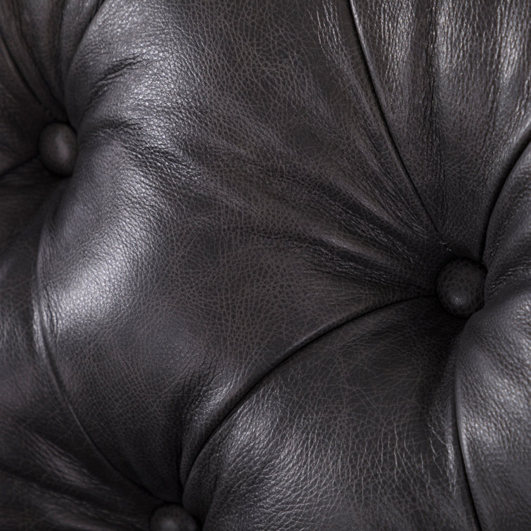 Espresso Finish 95" Grey Genuine Leather Chesterfield Sofa