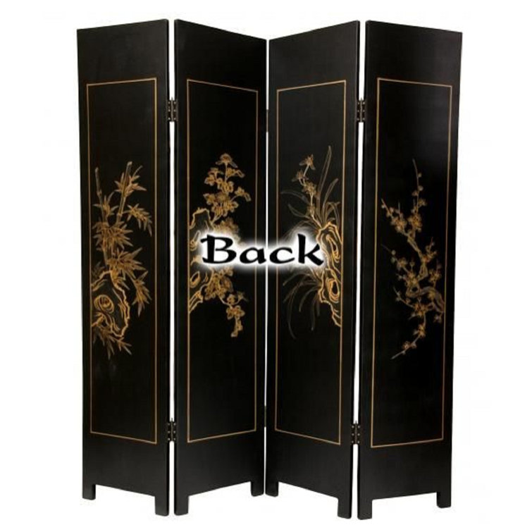 Hand-Painted Black and Gold Four-Panel Room Divider