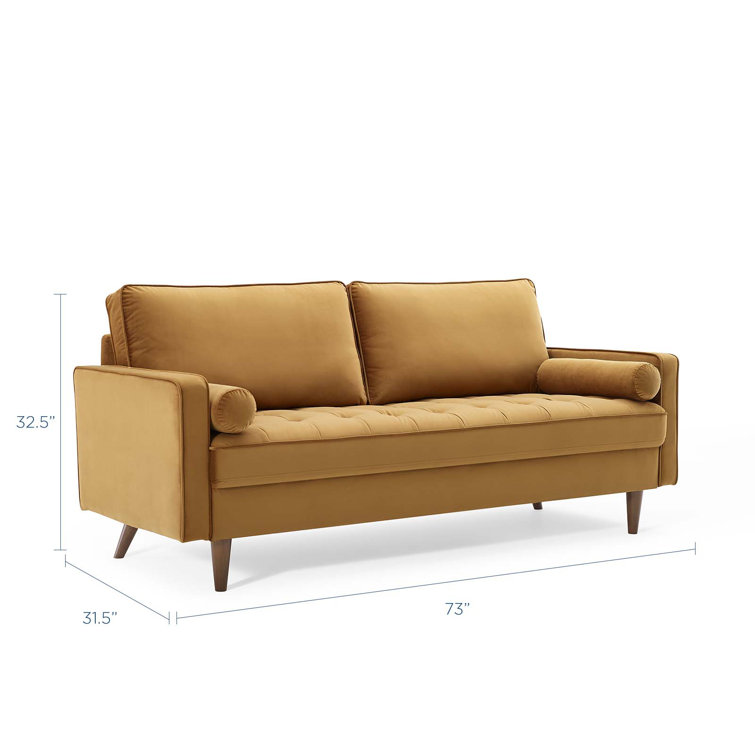 Cognac Velvet Tufted Sofa with Walnut Wood Legs