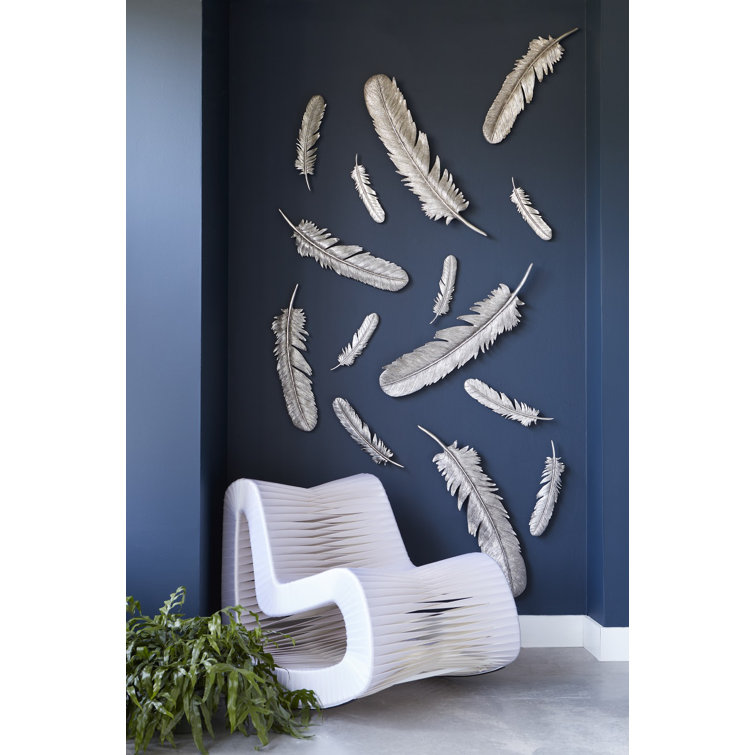 Large Silver Leaf Feather Wall Art Set, 35"