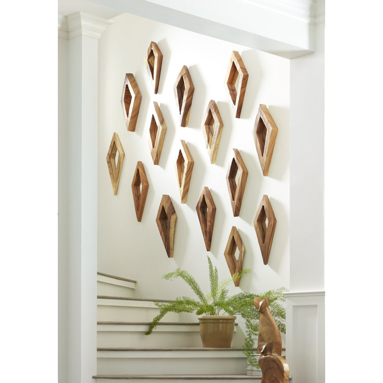 Beige Natural Wood 10"x20" Contemporary Diamond Accent Mirror