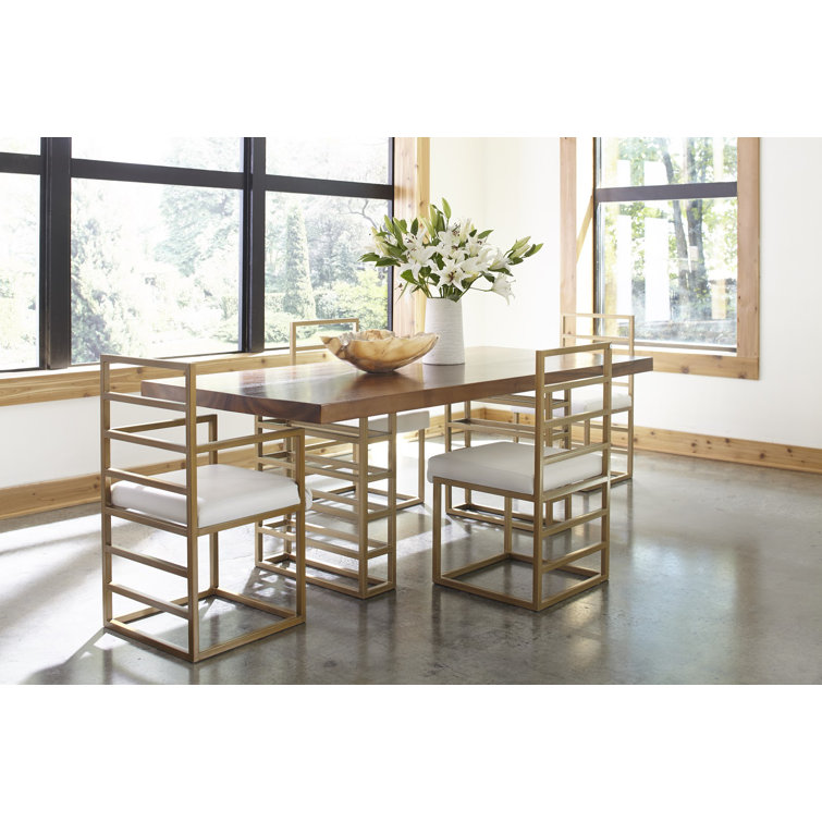 Contemporary Natural Wood and Brass Slat Side Chair