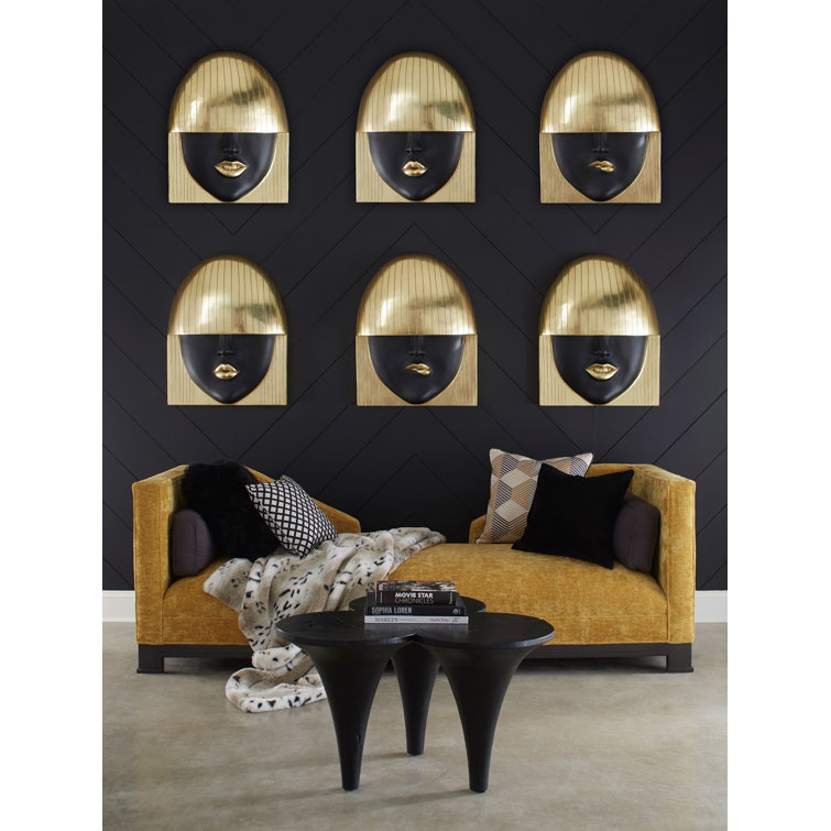 Large Black and Gold Leaf Fashion Faces Wall Sculpture