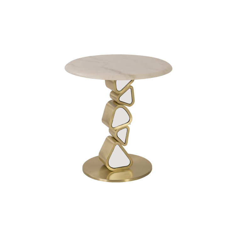 Contemporary Pebble Gold Round Stone and Metal End Table