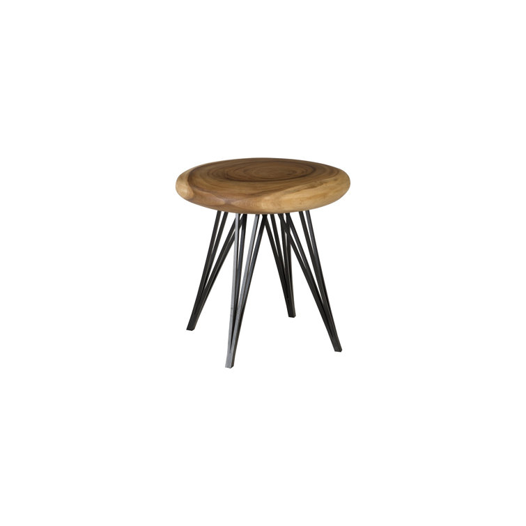 Contemporary Chamcha Wood Round Accent Stool with Black Metal Legs