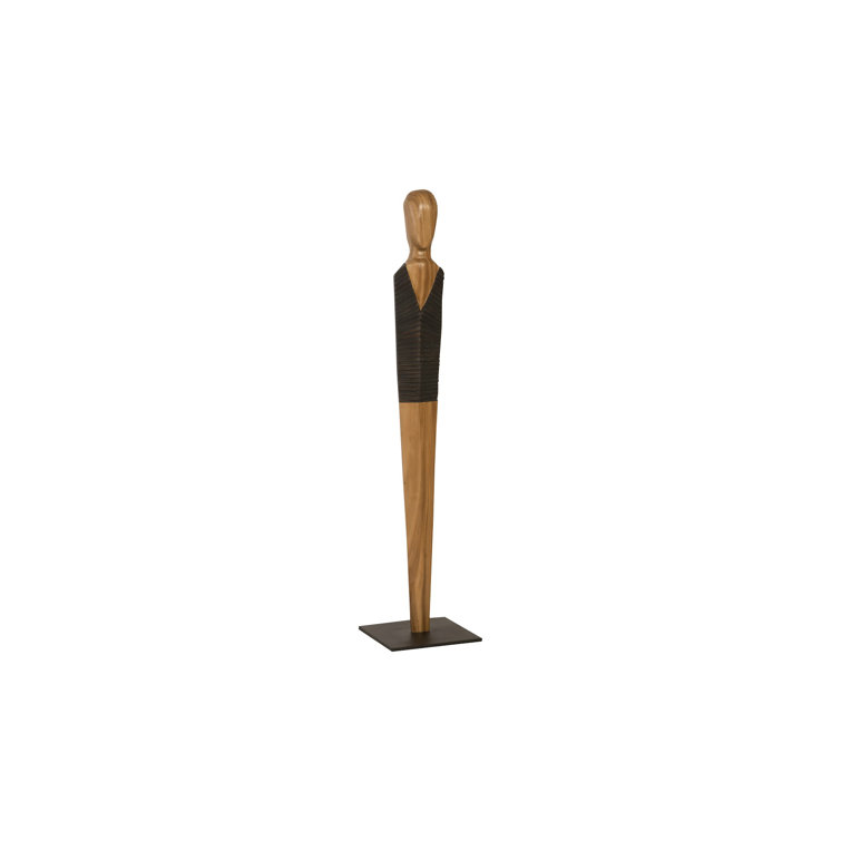 Tall Natural and Black Wood Sculpture on Metal Base