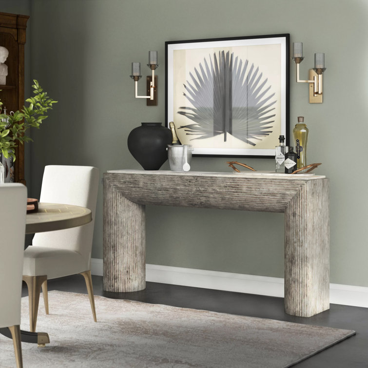 Gray Pecan Wood and Crema Marble Console Table with Storage
