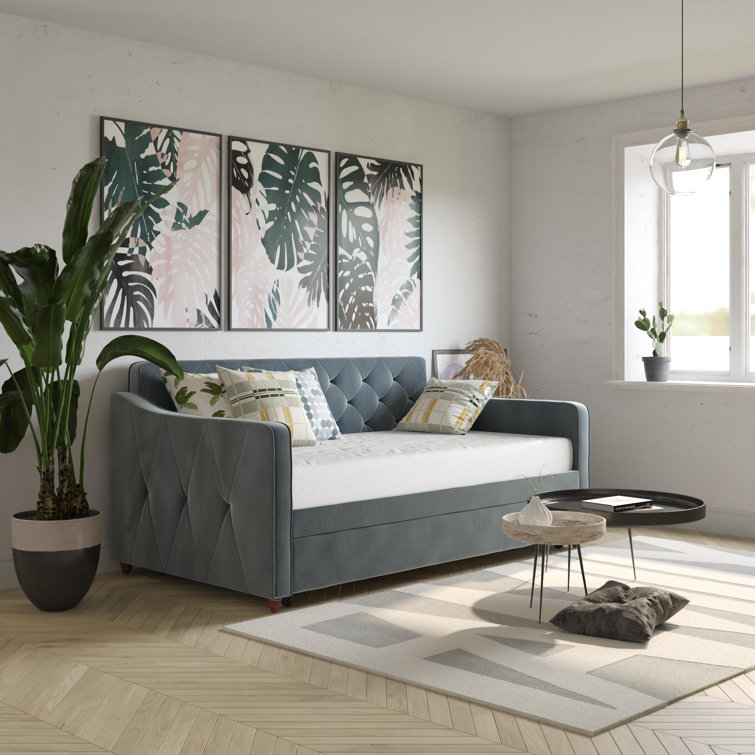 Twin Gray Velvet Upholstered Daybed with Tufted Backrest