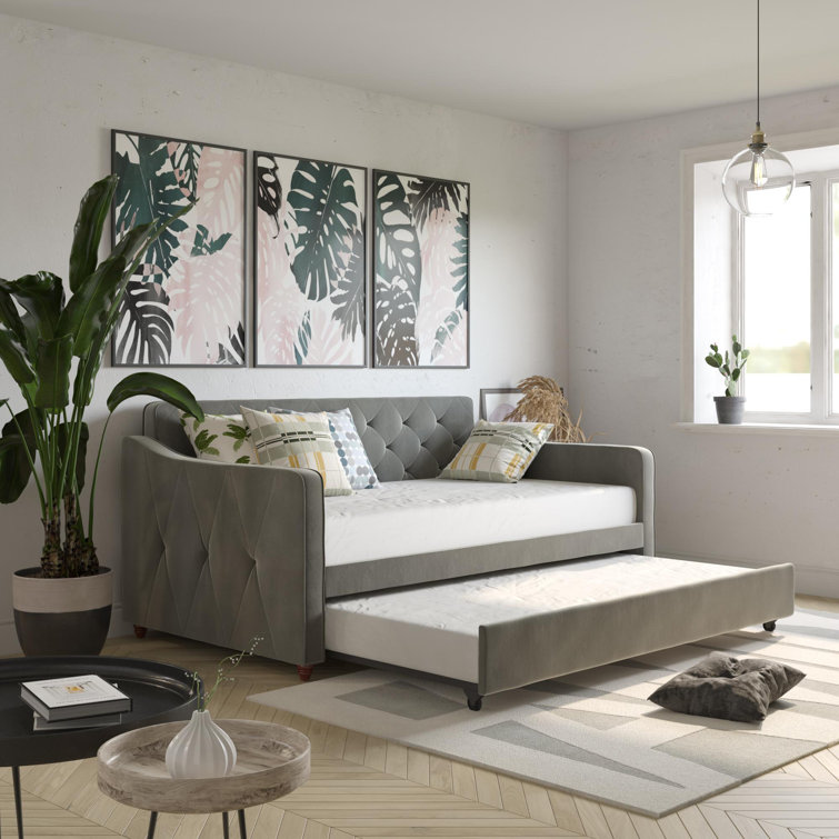 Twin Gray Velvet Upholstered Daybed with Tufted Backrest
