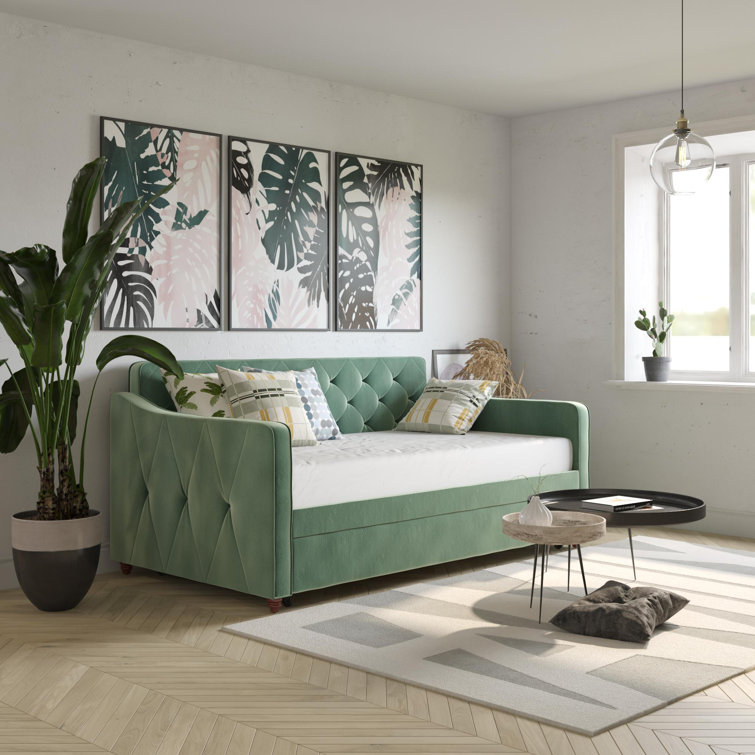 Twin Gray Velvet Upholstered Daybed with Tufted Backrest