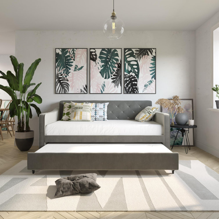 Twin Gray Velvet Upholstered Daybed with Tufted Backrest