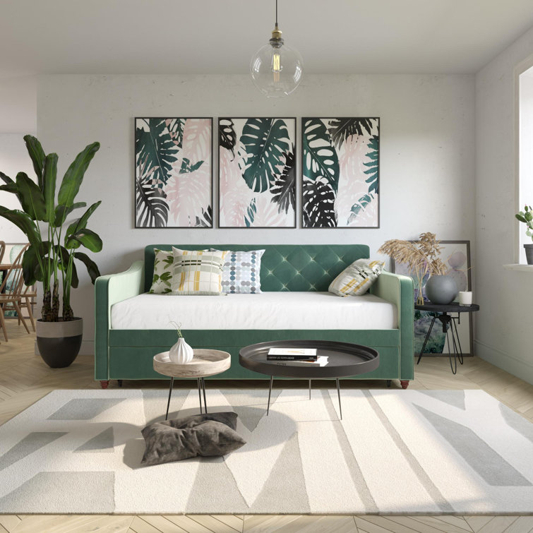 Twin Gray Velvet Upholstered Daybed with Tufted Backrest