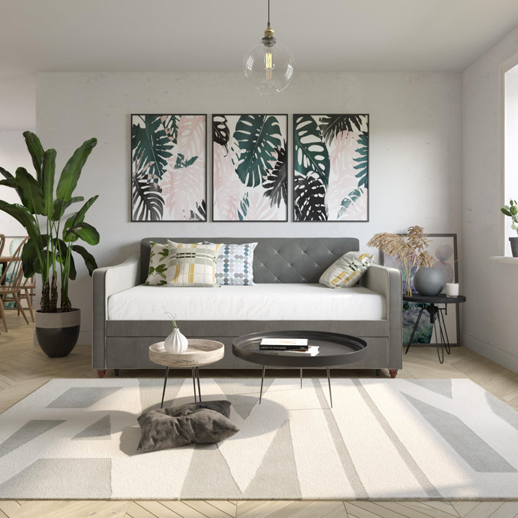Twin Gray Velvet Upholstered Daybed with Tufted Backrest