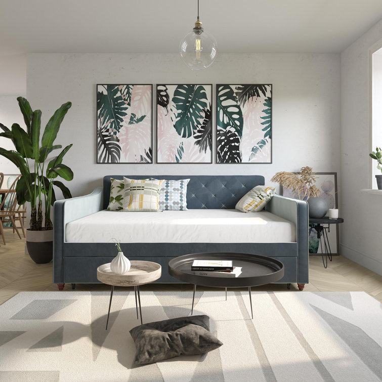 Twin Gray Velvet Upholstered Daybed with Tufted Backrest