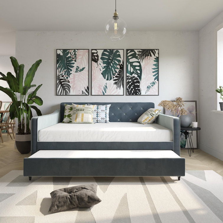 Twin Gray Velvet Upholstered Daybed with Tufted Backrest