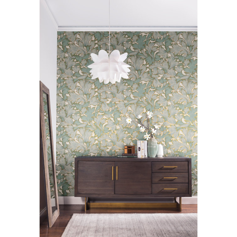 Beige and Seafoam Acanthus Leaf Removable Wallpaper Roll