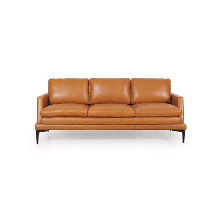 Rica Tan and Black Mid-Century Leather Sofa with Metal Legs