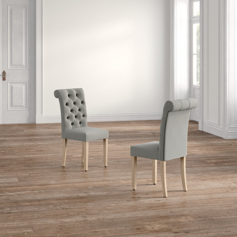 Sophisticated Grey Linen and Weathered Wood Tufted Dining Chair (Set of 2)