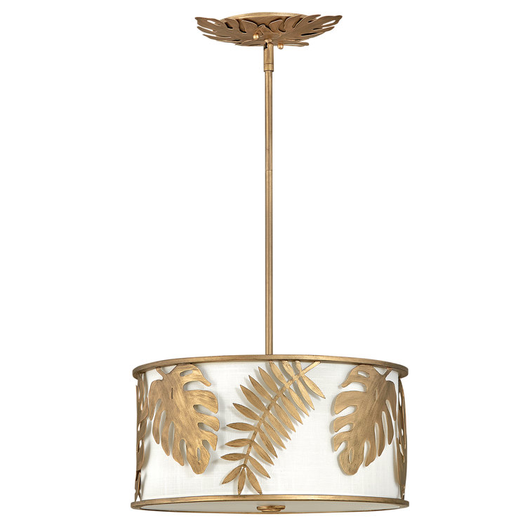 Burnished Gold 3-Light LED Drum Pendant with White Linen Shade