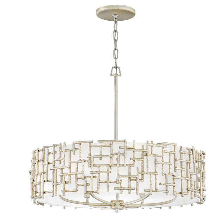 Silver Leaf 6-Light Drum Chandelier with White Linen Shade