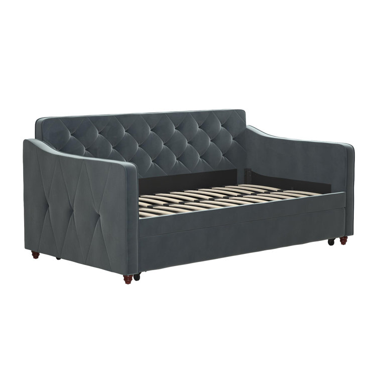 Twin Gray Velvet Upholstered Daybed with Tufted Backrest