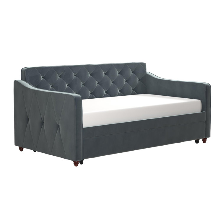 Twin Gray Velvet Upholstered Daybed with Tufted Backrest