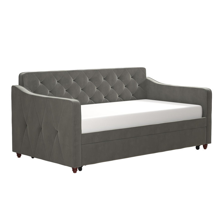 Twin Gray Velvet Upholstered Daybed with Tufted Backrest