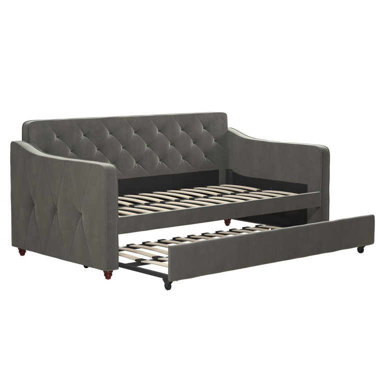 Twin Gray Velvet Upholstered Daybed with Tufted Backrest