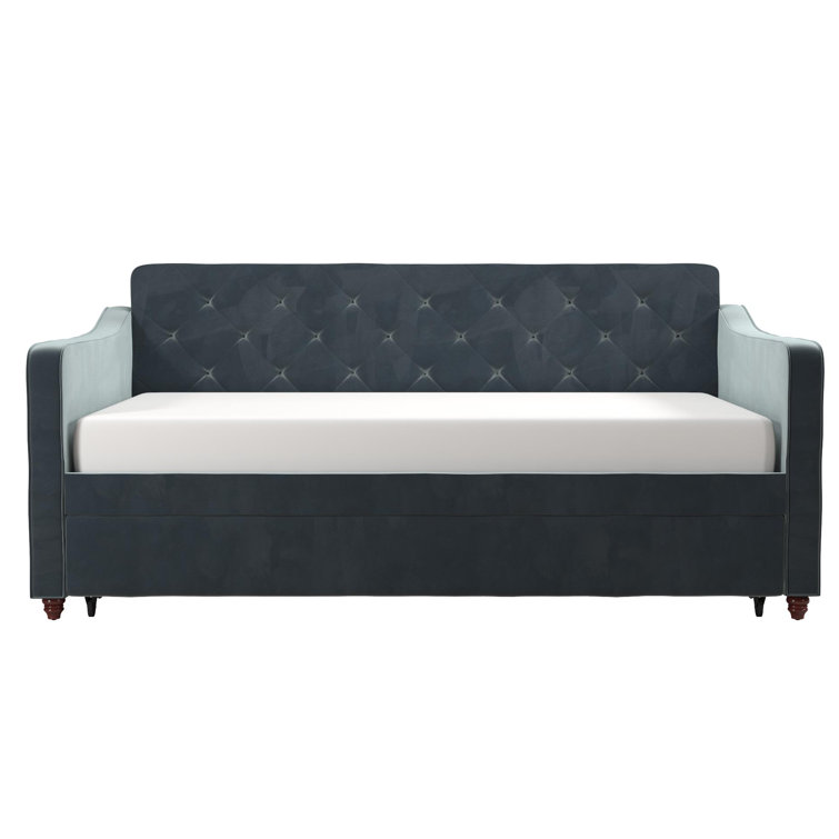 Twin Gray Velvet Upholstered Daybed with Tufted Backrest