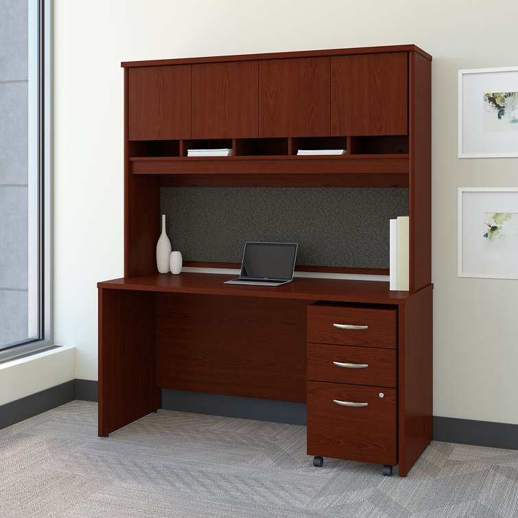 Contemporary Mahogany Home Office Desk with Drawer and Filing Cabinet