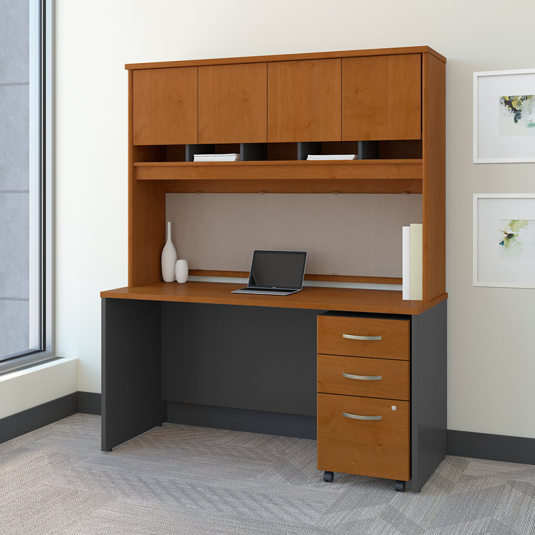 Natural Cherry and Graphite Gray Executive Desk with Drawer and Filing Cabinet