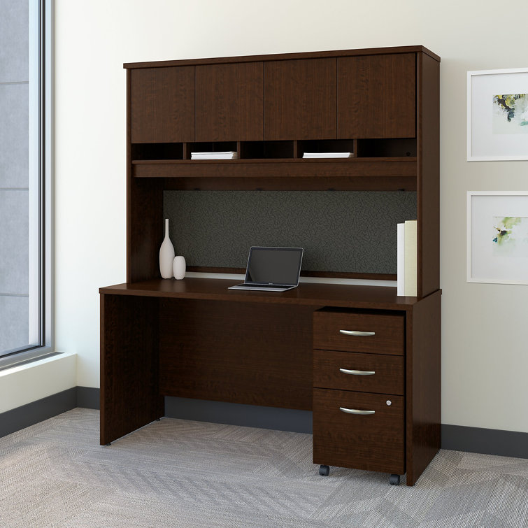 Transitional Mocha Cherry Executive Home Office Desk with Filing Cabinet