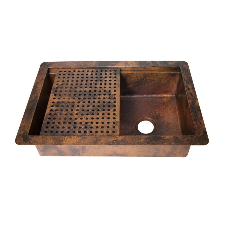 33" Hammered Copper Rectangular Drop-In Single Bowl Kitchen Sink with Removable Grill