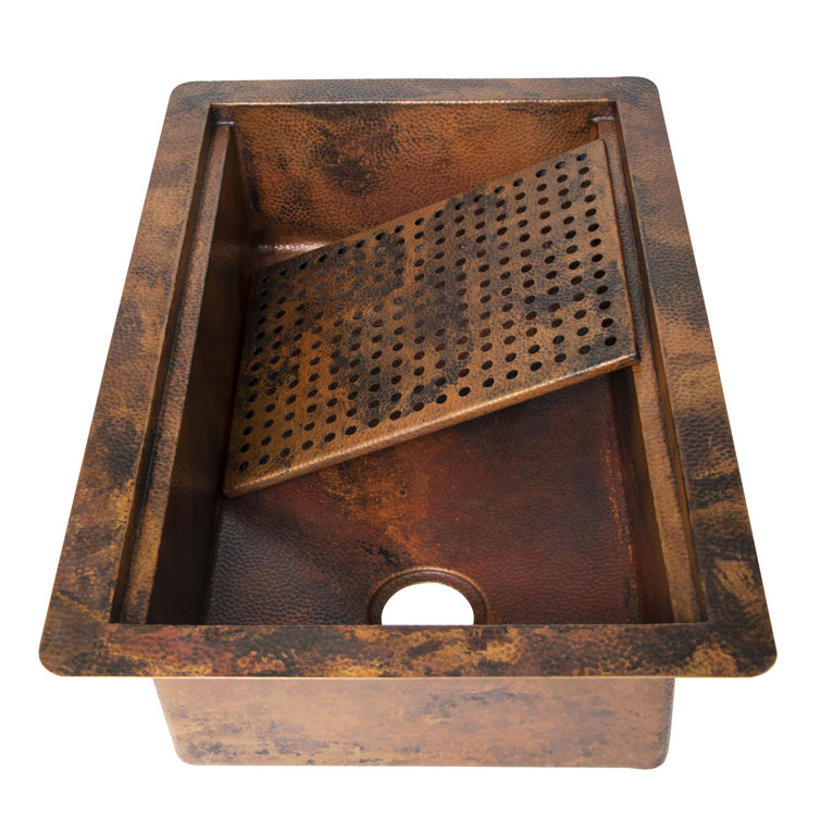 33" Hammered Copper Rectangular Drop-In Single Bowl Kitchen Sink with Removable Grill
