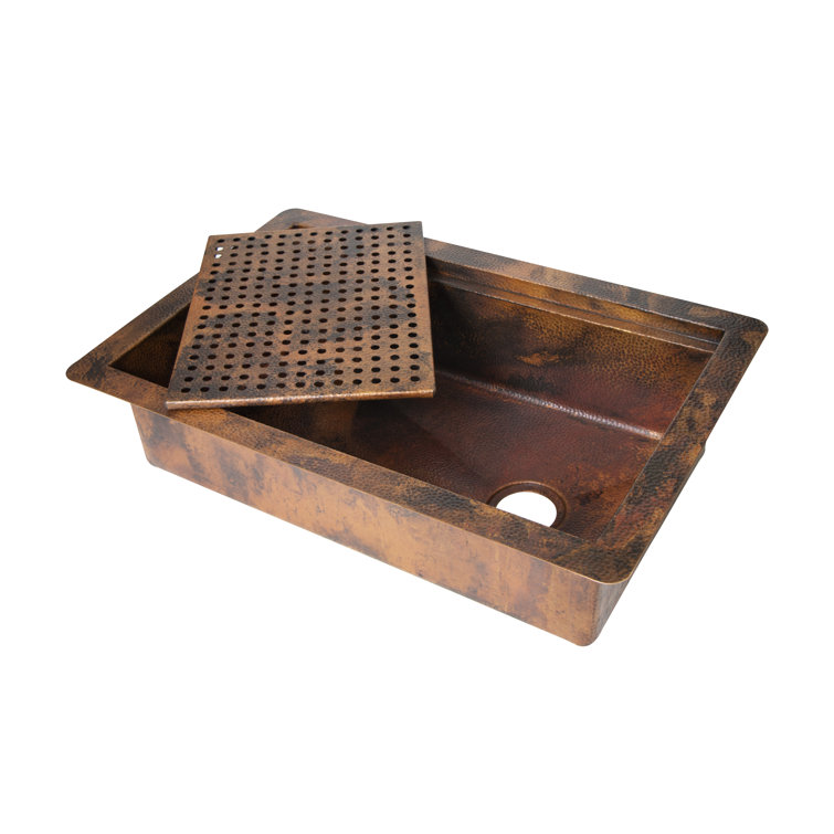 33" Hammered Copper Rectangular Drop-In Single Bowl Kitchen Sink with Removable Grill