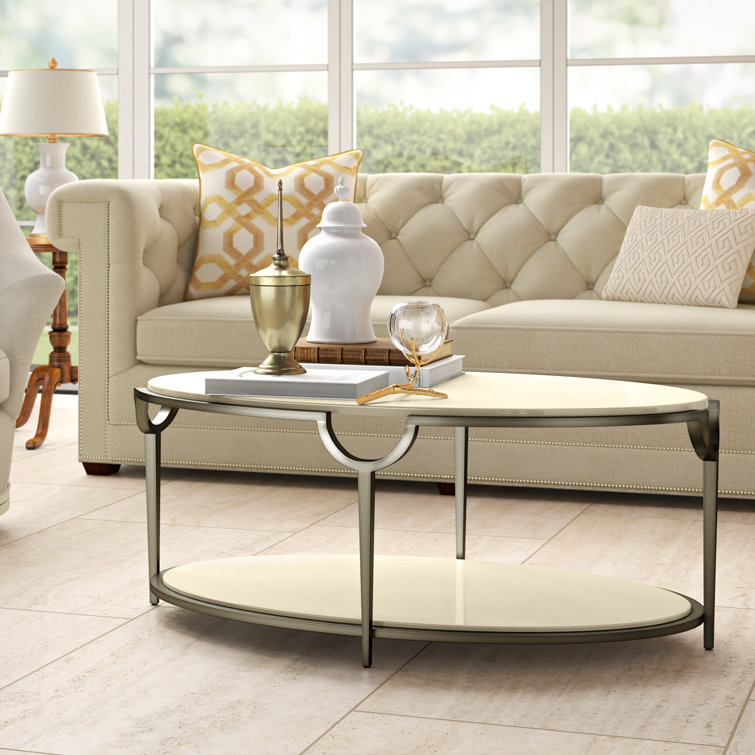 Oval Faux Carrara Marble and Steel Coffee Table with Storage