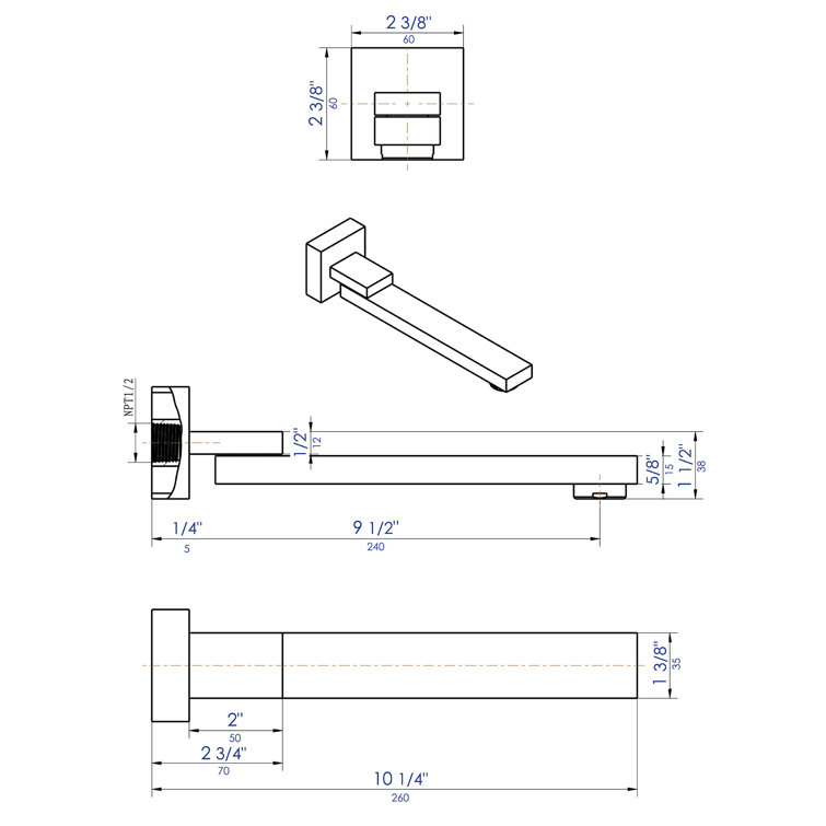 Brushed Nickel Square Folding Wall-Mount Tub Spout