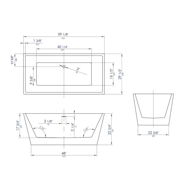 59'' White Rectangular Freestanding Acrylic Soaking Bathtub
