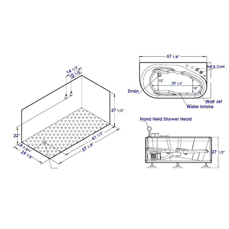 White Acrylic Corner Whirlpool Bathtub with Right Drain