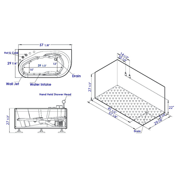 57'' White Acrylic Corner Whirlpool Bathtub with Faucet