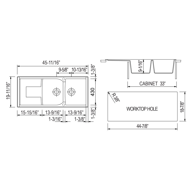 White 46'' Double Bowl Granite Drop-In Kitchen Sink with Drainboard
