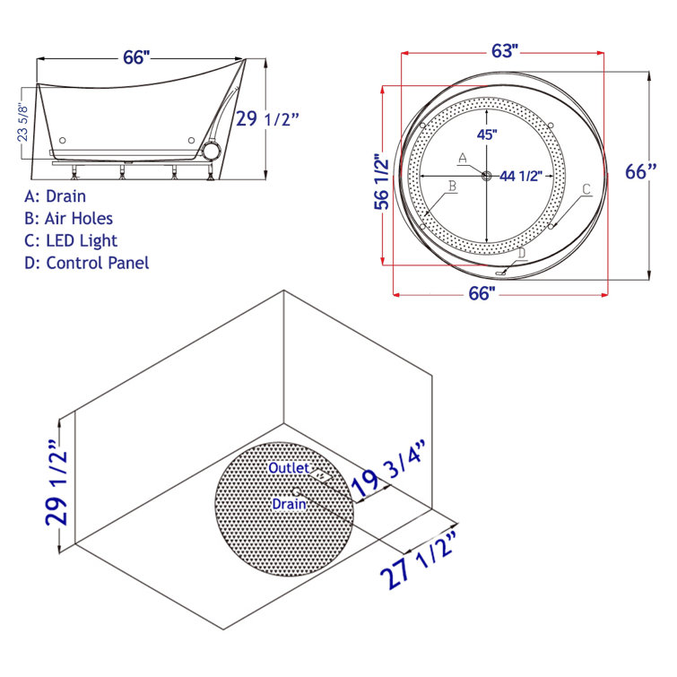 66'' Round White Acrylic Freestanding Air Bubble Bathtub