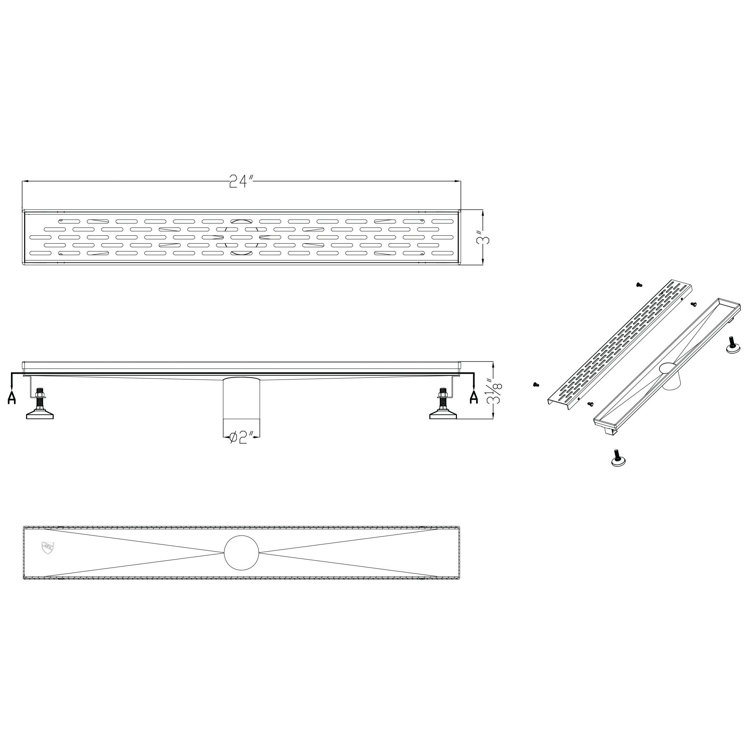 24" Silver Stainless Steel Linear Shower Drain with Groove Holes