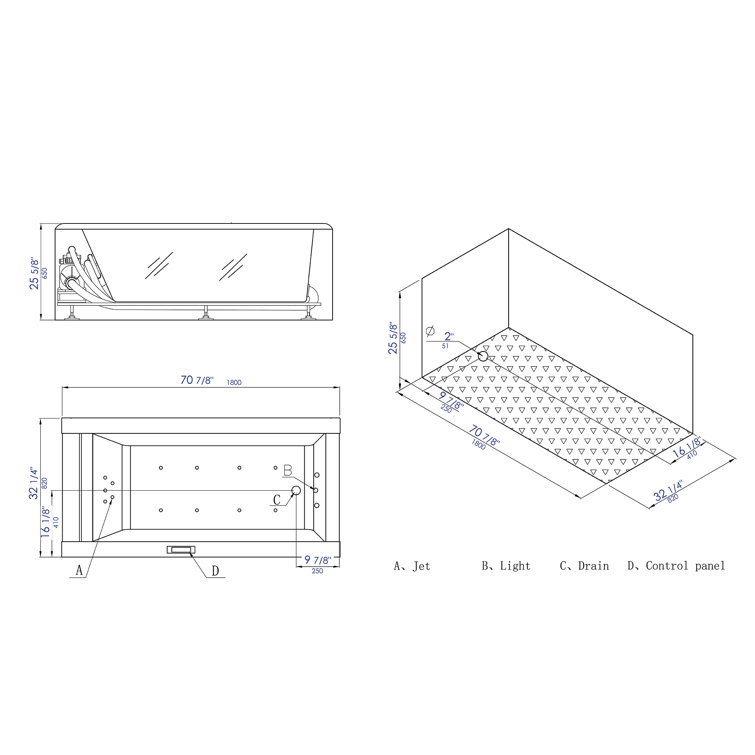 70.88'' White and Clear Acrylic Freestanding Whirlpool Bathtub